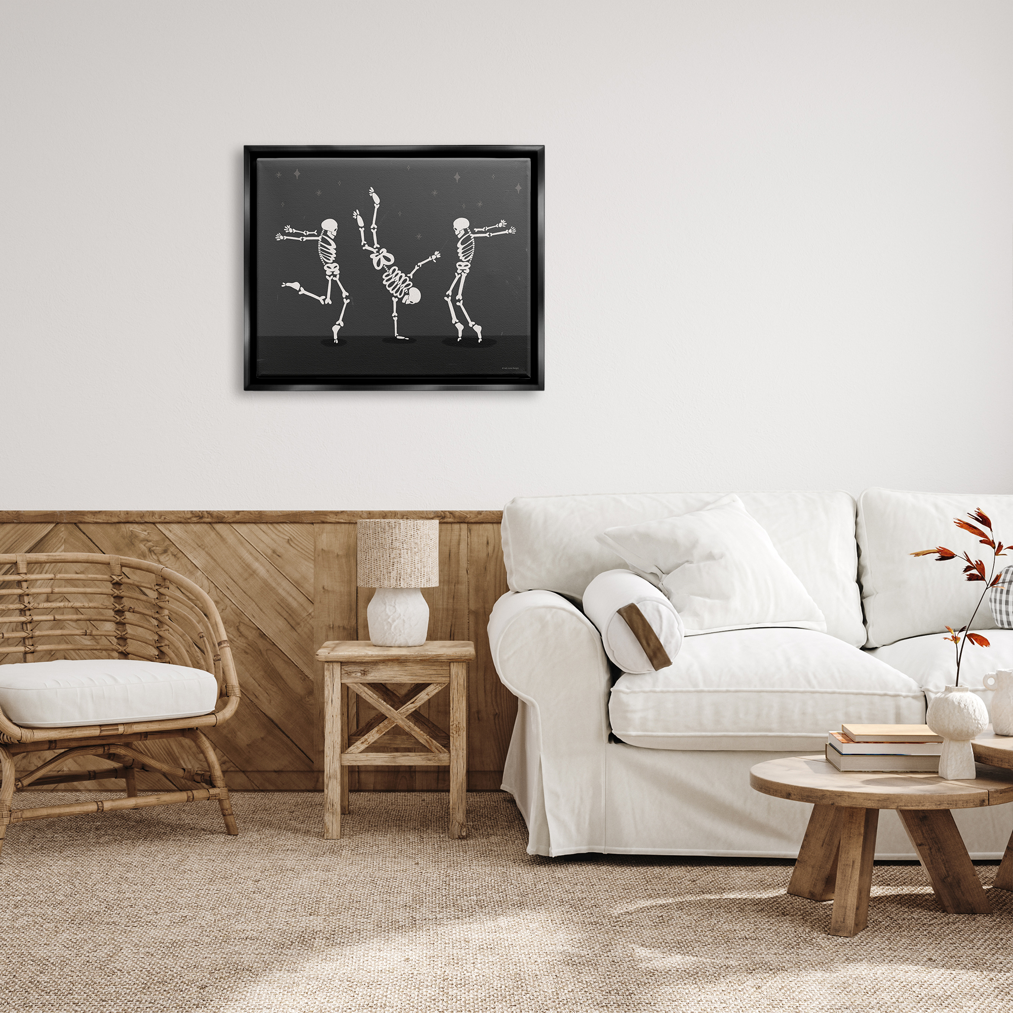 Stupell Industries Three Dancing Skeletons Holiday Painting Black Floater Framed Art Print Wall Art, 31 x 25