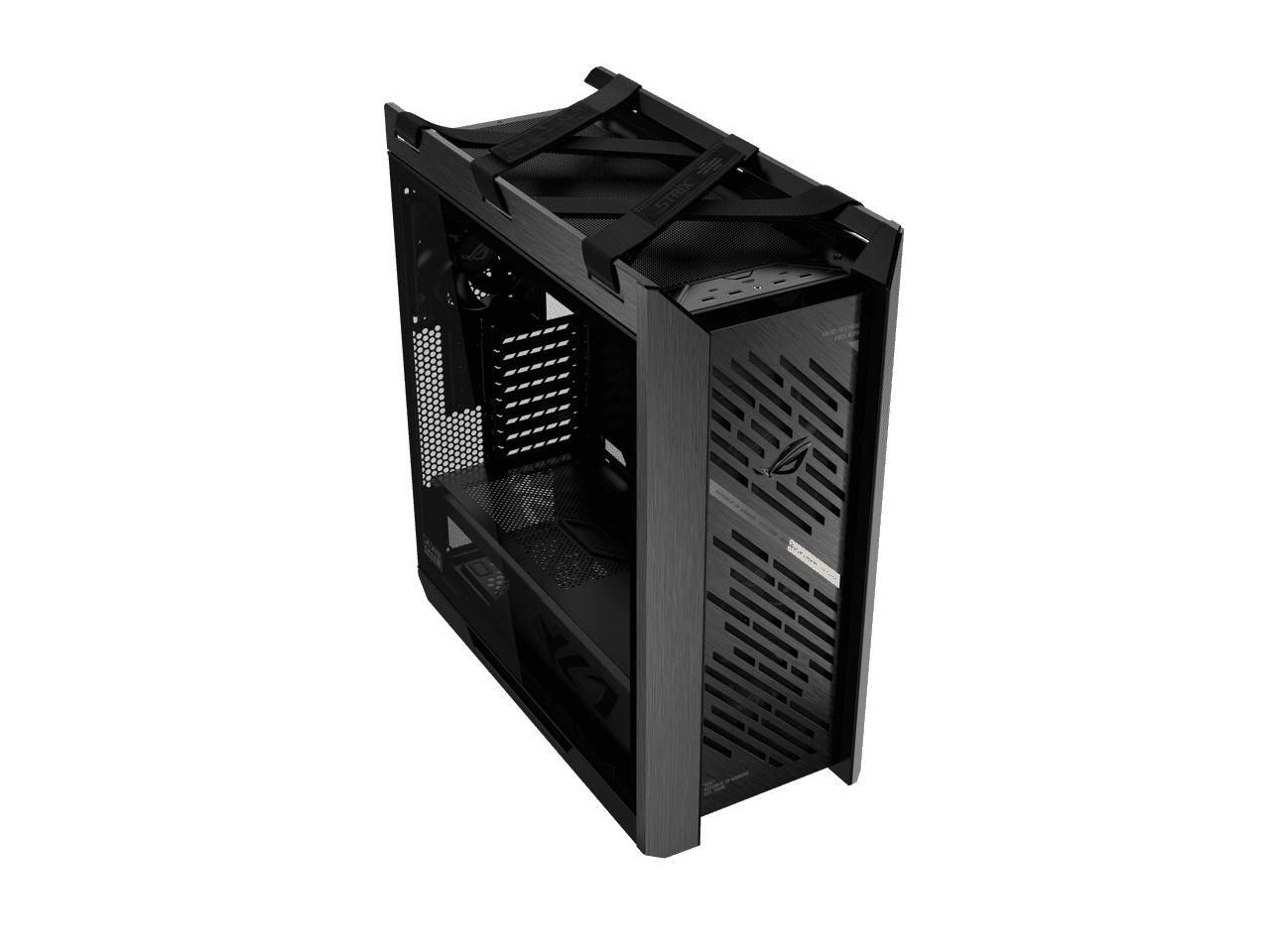 The ASUS ROG Strix Helios II is an EATX mid-tower gaming PC case featuring dual tempered glass panels and an aluminum diamond-grille design, four pre-installed fans for advanced cooling, and support