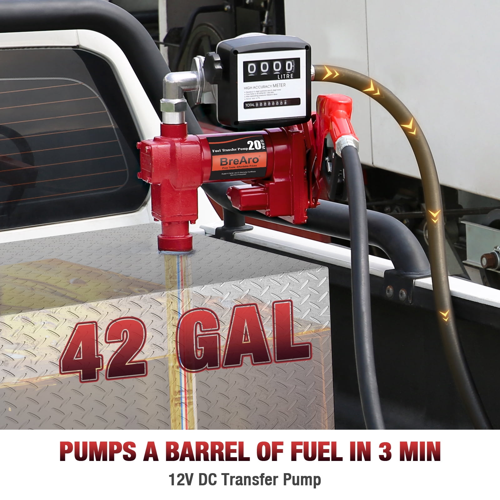 12V 20 GPM High Flow Fuel Transfer Pump with Mechanical Meter, Heavy Duty Cast Iron Pump for Gasoline, Diesel, Kerosene, Ethanol, Methanol, Biodiesel, Red