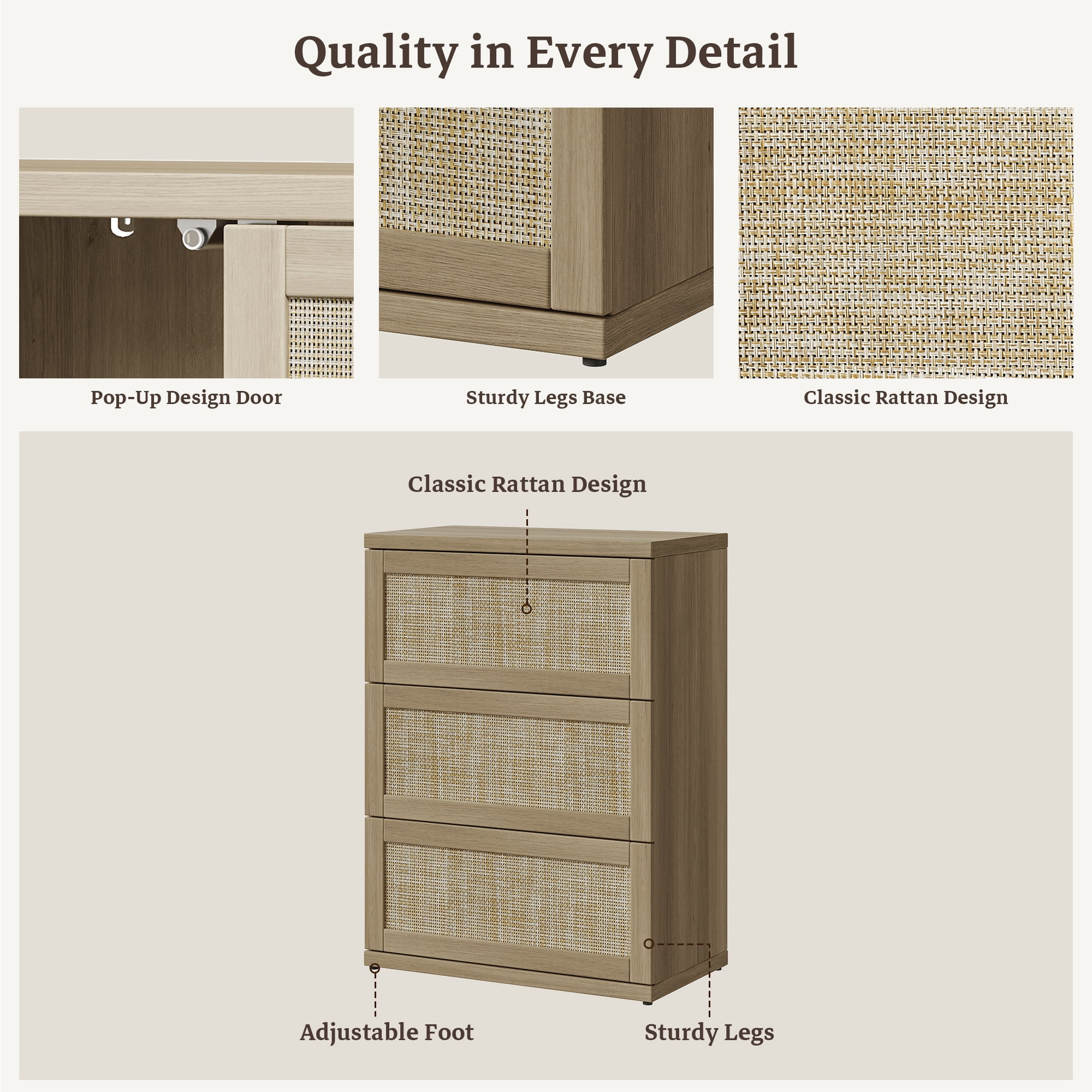SICOTAS Small 3-Drawer Dresser Nightstand Set of 2, 50.7"W Boho 6 Drawer Dresser with Slide Rails, Rattan Chest of Drawers, Modular Storage Cabinet for Bedroom & Living Room, Natural Oak