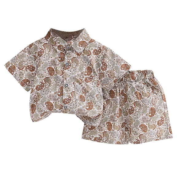 newwalpole Toddler Baby Boy Easter Outfit Bunny Carrot Print Button Down Short Sleeve Shirt and Shorts Set Gentleman Outfit Brown for Size 18-24 Months