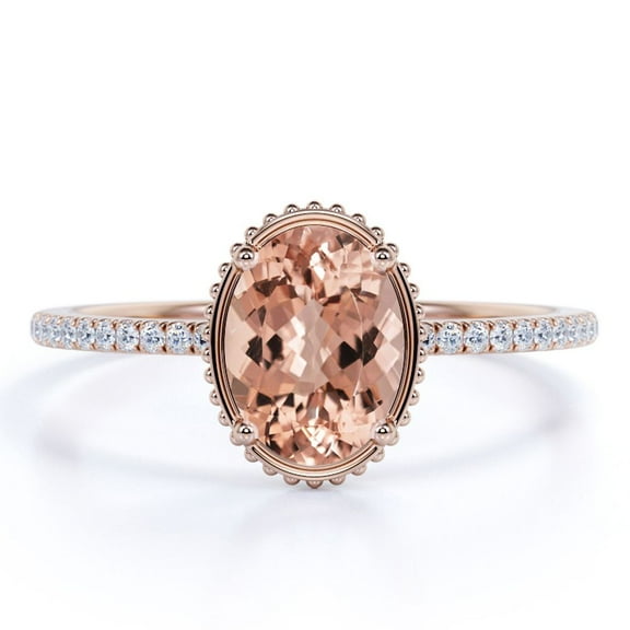 JeenMata Art Deco 1.75 Carat Oval cut created morganite and Moissanite Engagement Ring in 18k Gold Over Sterling Silver
