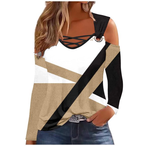 Long Sleeve Shirts for Women Fall Fashion 2026 Cold Shoulder Tops Sexy V Neck Color Block Loose Comfy Blouses Fall Outfits for Women 2026