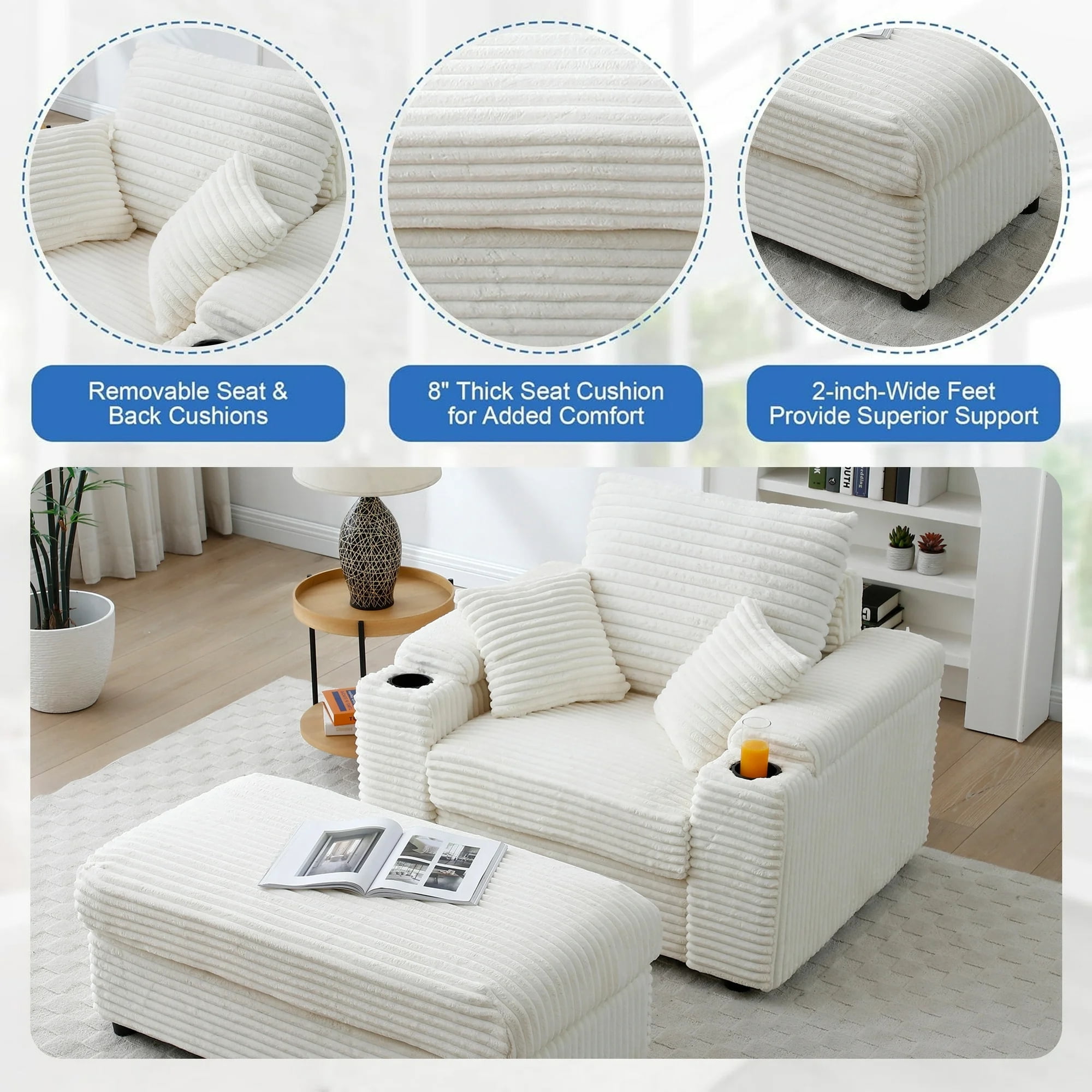 Aukfa Oversized Chaise Lounge Indoor Chair with 2 Cupholders, Storage Ottoman, 3 Pillows, Beige