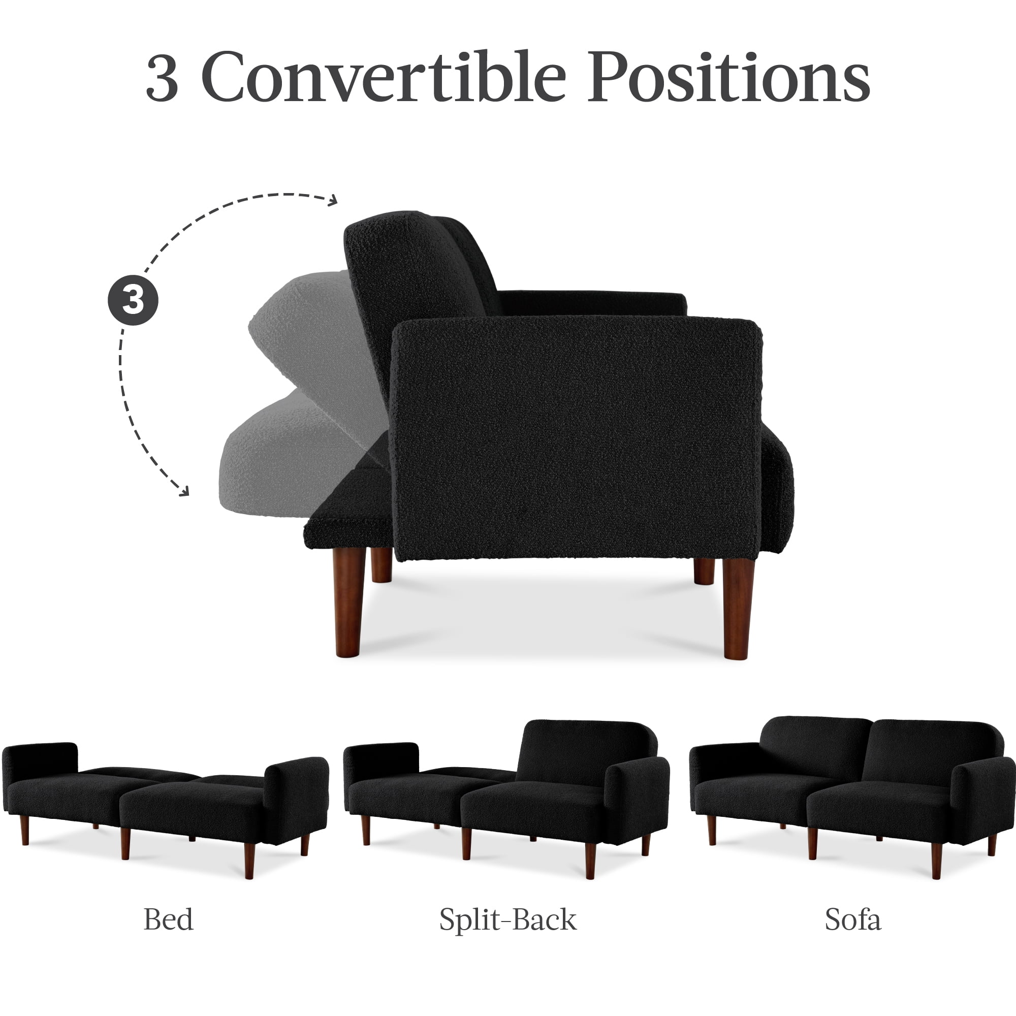 Best Choice Products Curved Convertible Futon, Boucle Fabric Split-Back Sleeper Bed - Midnight Black