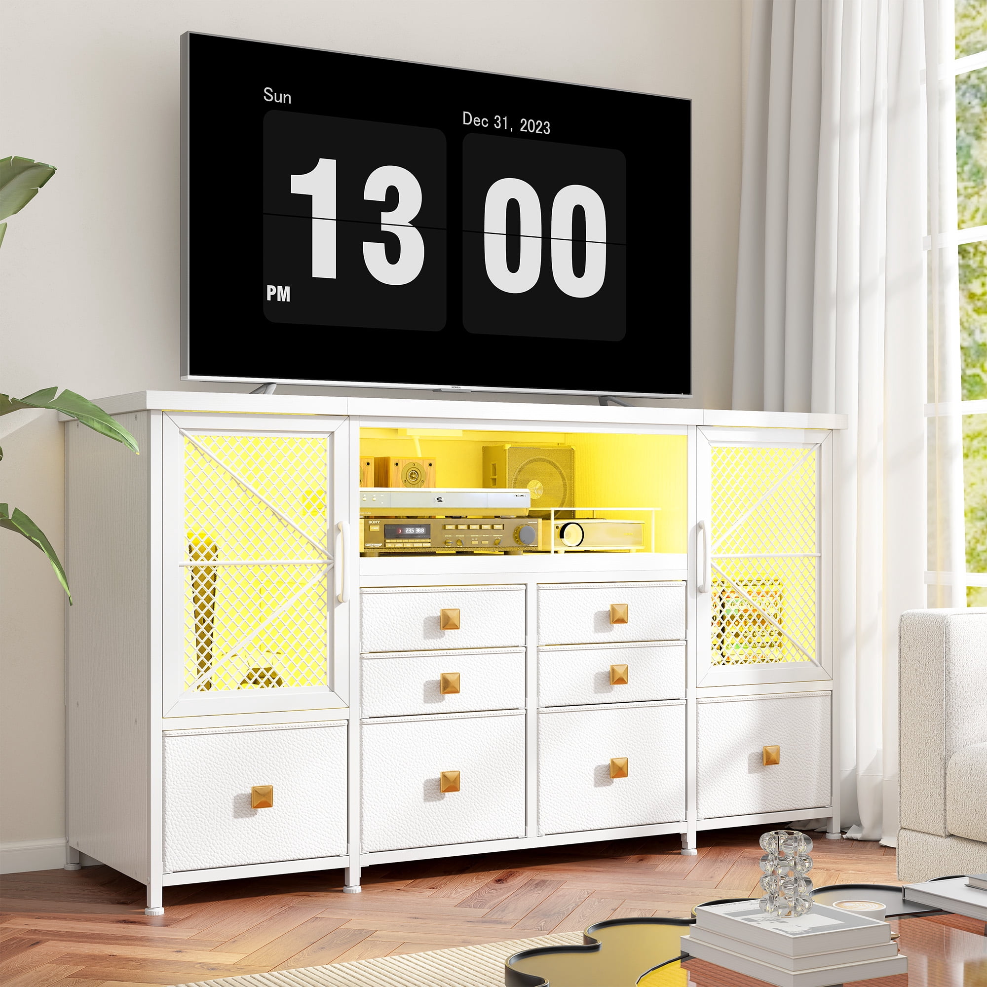 Romorgniz White Dresser for Bedroom with 8-Drawers,TV Stand for 60"TV with LED Lights & Power Outlets,Mesh Door