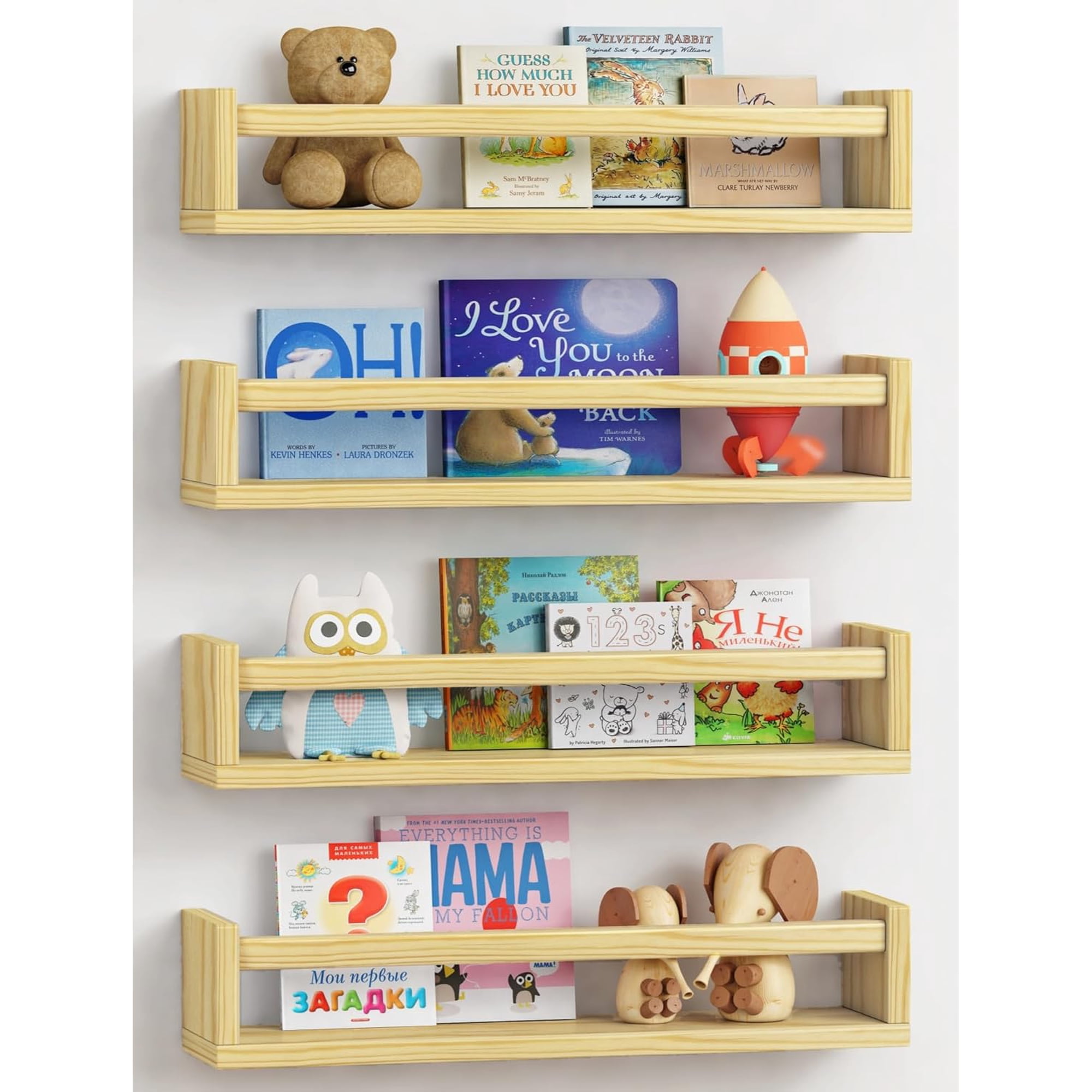 Natural Wood Nursery Book Shelves Wall Mounted, Floating Bookshelf for Kids Room, Baby Toys and Books Storage Organizer Bookshelves for Toddler Child Bedroom Bathroom (4 Pack Light Wood)