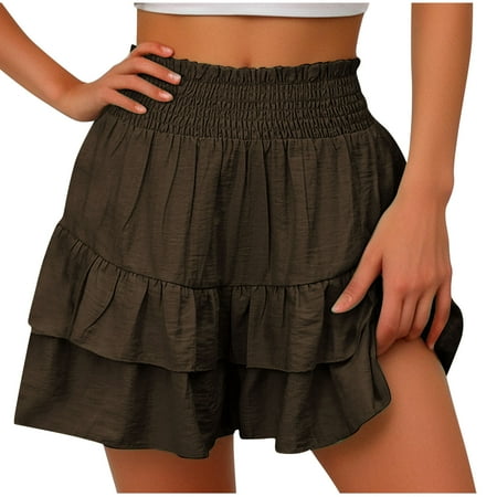 Tmtolofot Women s High Waisted Beach Shorts Sports Running Gym Workout Yoga Shorts Pants Ladies Teen Girl Summer Solid Color Hot Pants Cotton Linen Flower Leggings   1#Brown   X-Large