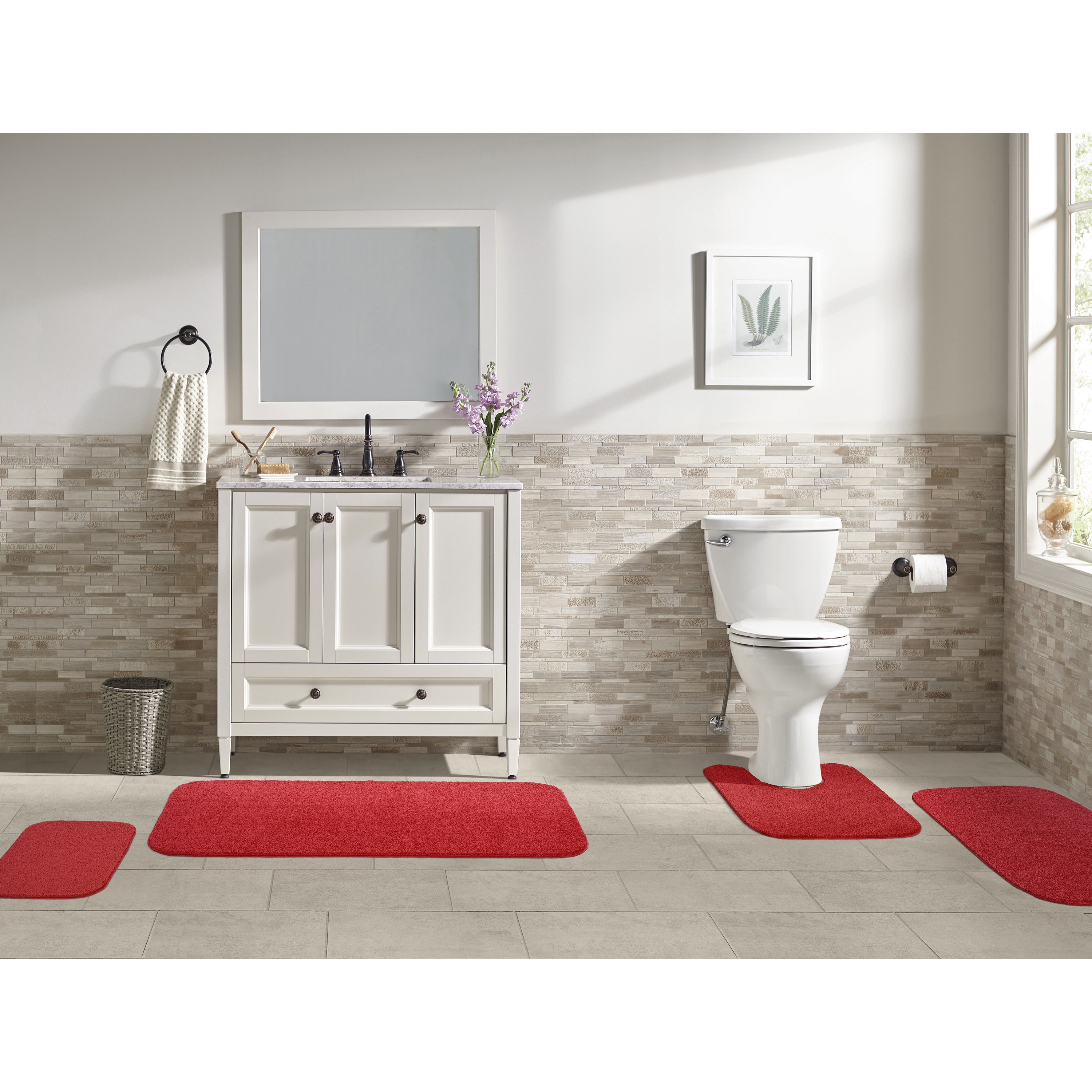Garland Rug Sedona Washable Bath Rug Set, 4 Piece Set (2 Bath Rugs, Contour Rug, Runner Rug) Classic Red
