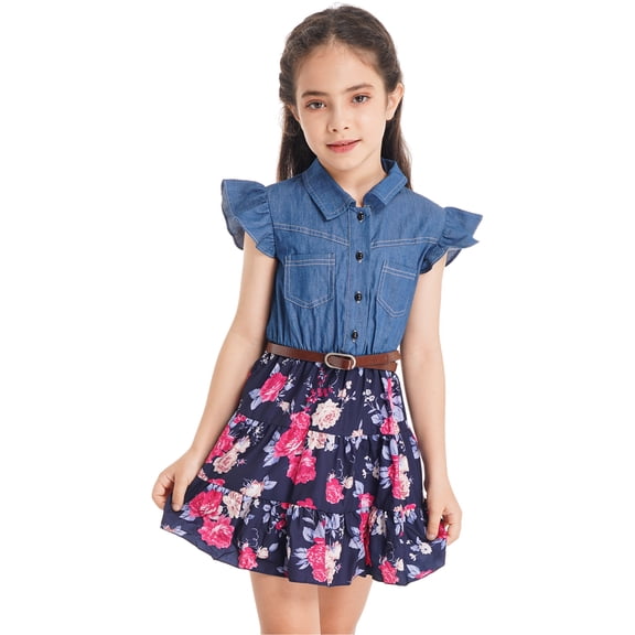inhzoy Girls One-Piece Lapel Collar Flying Sleeve Denim Top A-line Dress Navy Blue 10