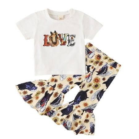 

Rovga Outfits For Toddler Girls Baby Sunflower Western Horse Clothes Set Short Sleeve Top And Flared Pants 2Pcs Outfits Fall Clothes