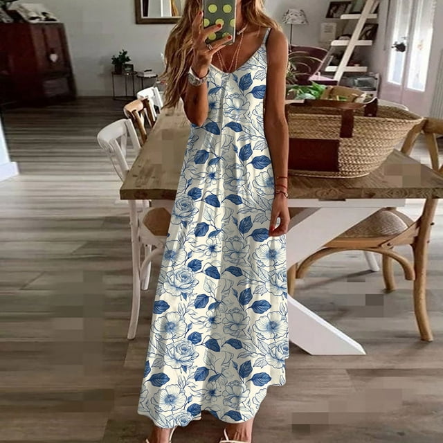 LSLJS Robes d'Été pour Femmes Imprimé Sans Manches Col Rond Robe Décontractée, Robes de Plage d'Été