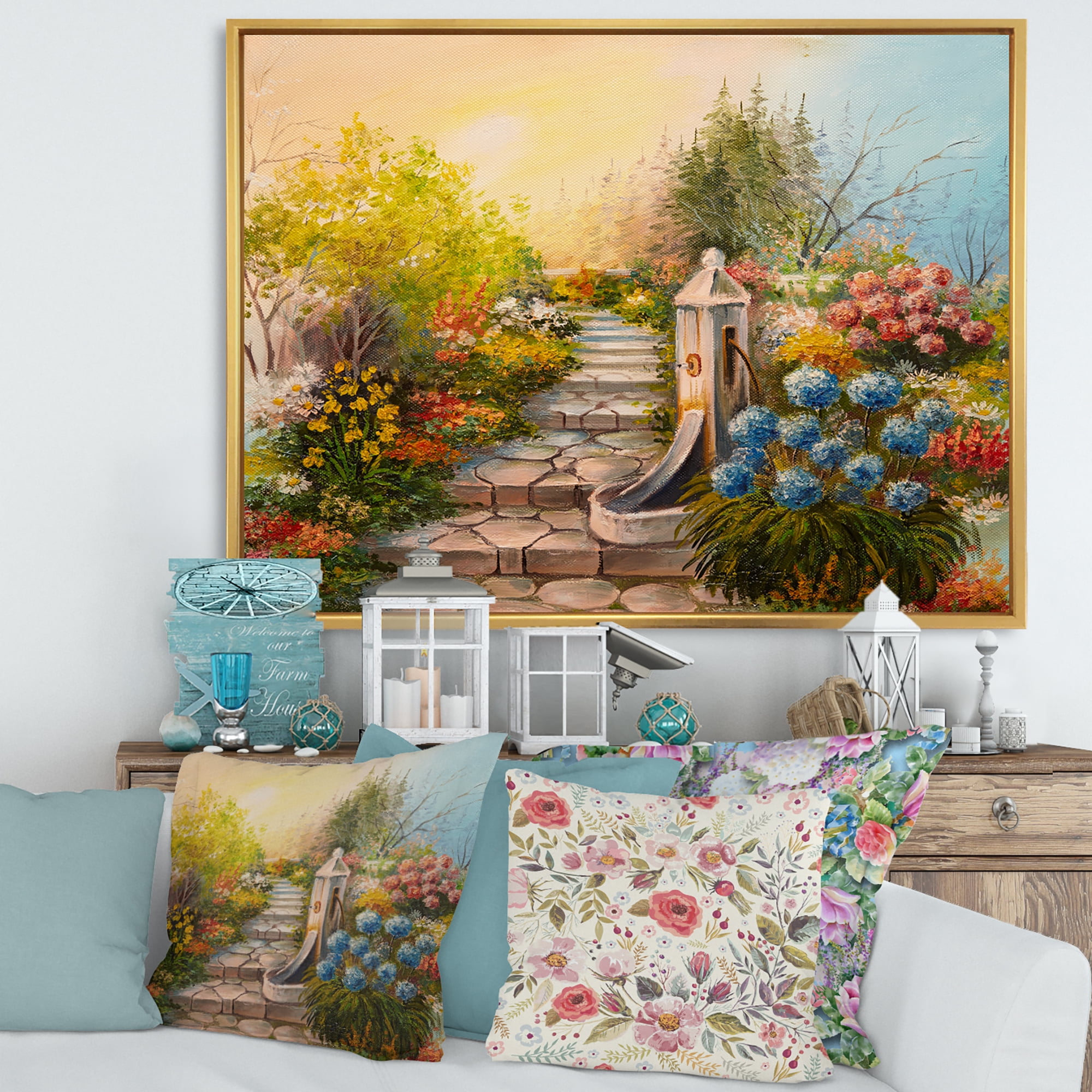 Designart 'Stone Stairs In The Blossoming Flowers Forest' Traditional Framed Canvas Wall Art Print