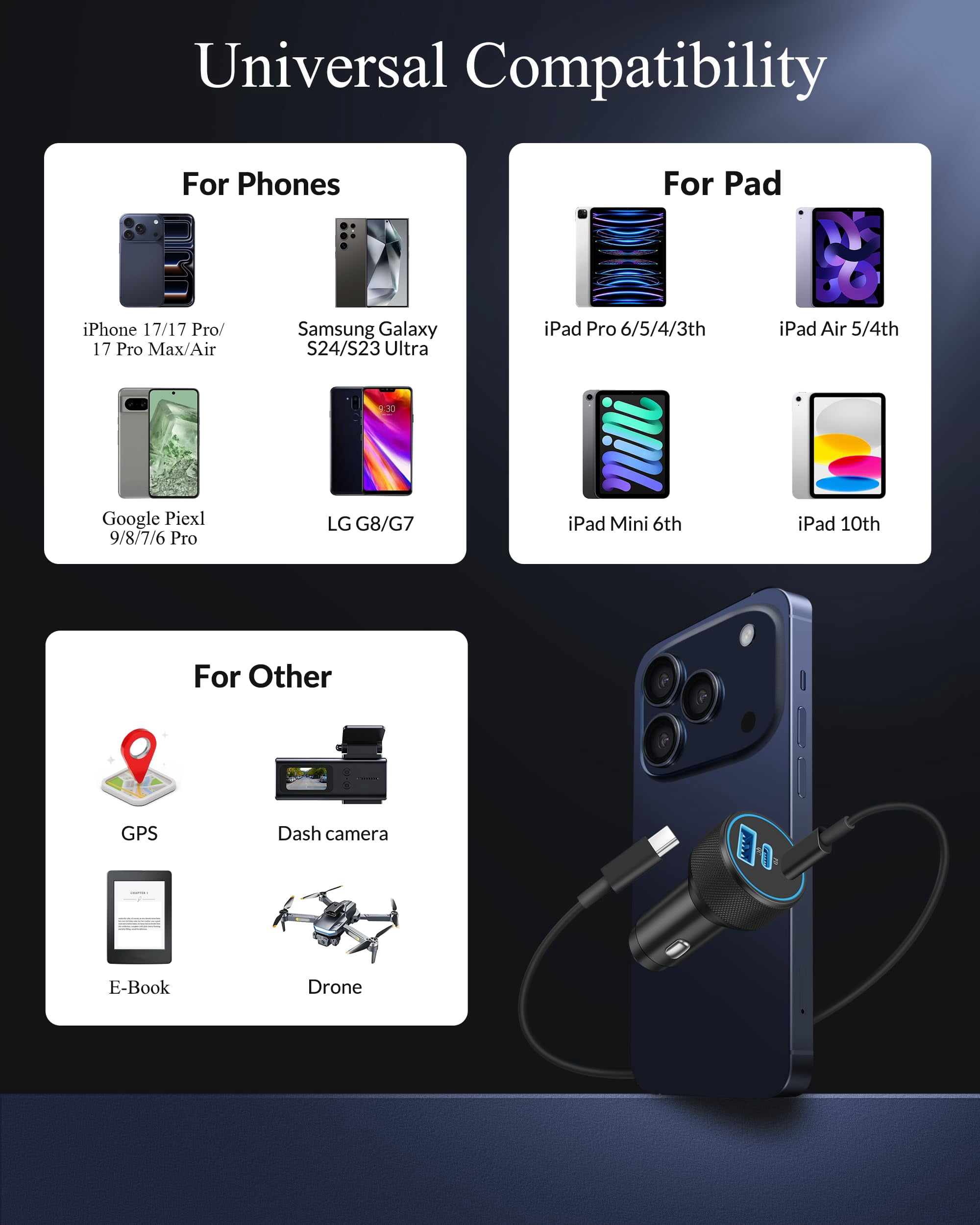 Quyaojz iPhone 17e/17/17 Car Charger Fast Charging, 2-Pack 67W 3-Port Fast USB C Car Charger Adapter Cigarette Lighter with 3FT Type C Cable Cord for iPhone 17e/17/17 /, iPad
