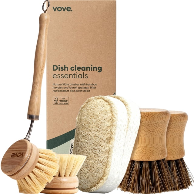 Set de limpieza Vove con cepillo para platos de bambú y esponjas para fregar