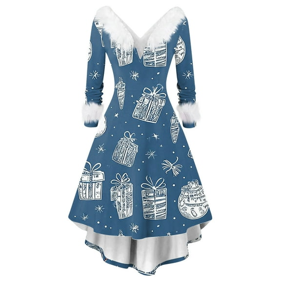 Christmas Dresses for Women Women's Fashion Elegant Autun And Winter Long Sleeve V-Neck Christmas Print Dress for Holiday Party,Blue,L