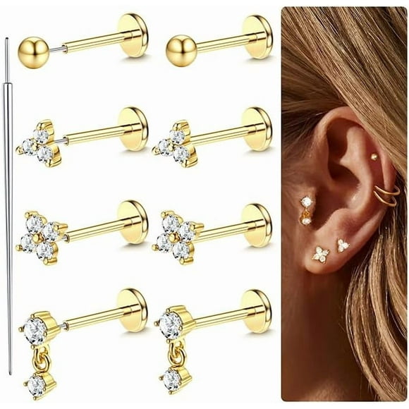Gold Plated Threadless Flat Back Earrings Studs 316L Surgical Steel Push in Nose Studs Rings 20G 18G 16G CZ Tragus Cartilage Helix Conch Lip Labret Medusa Nostril Piercing Jewelry Hypoallergenic