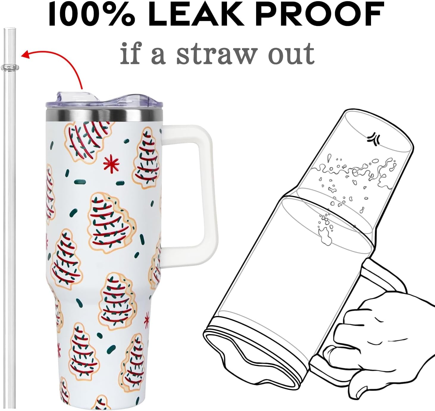 Christmas Gifts 40 oz Tumbler with Handle and Straw Lid,Cute Gifts for Women Christmas Tree Snack Cake Vacuum Insulated Leak Proof Tumbler,Winter Holiday Accessories Stainless Steel Coffee Cup Mug