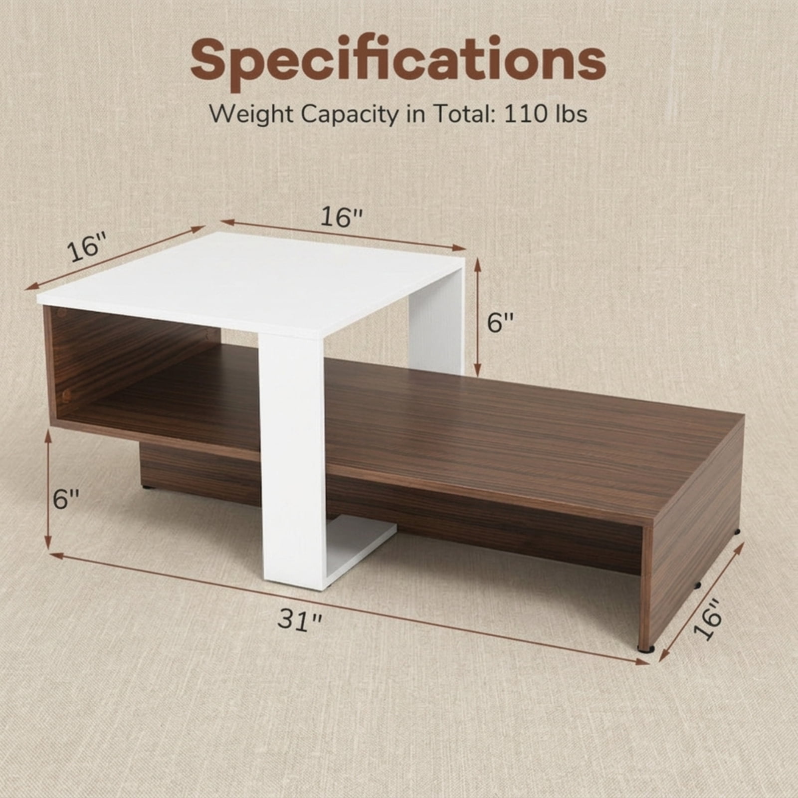 Furnibear 2 Tier Geometric Coffee Table with Storage Shelves a Compact Living Room Center Table for Small Spaces for Home and Living Space, White