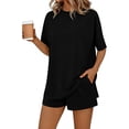 thumbnail image 4 of fheaev Two Piece Sets for Women Crew Neck Short Sleeve Top Drawstring Shorts with Pocket Loose Fit 2 Piece Sleepwear L Black, 4 of 7