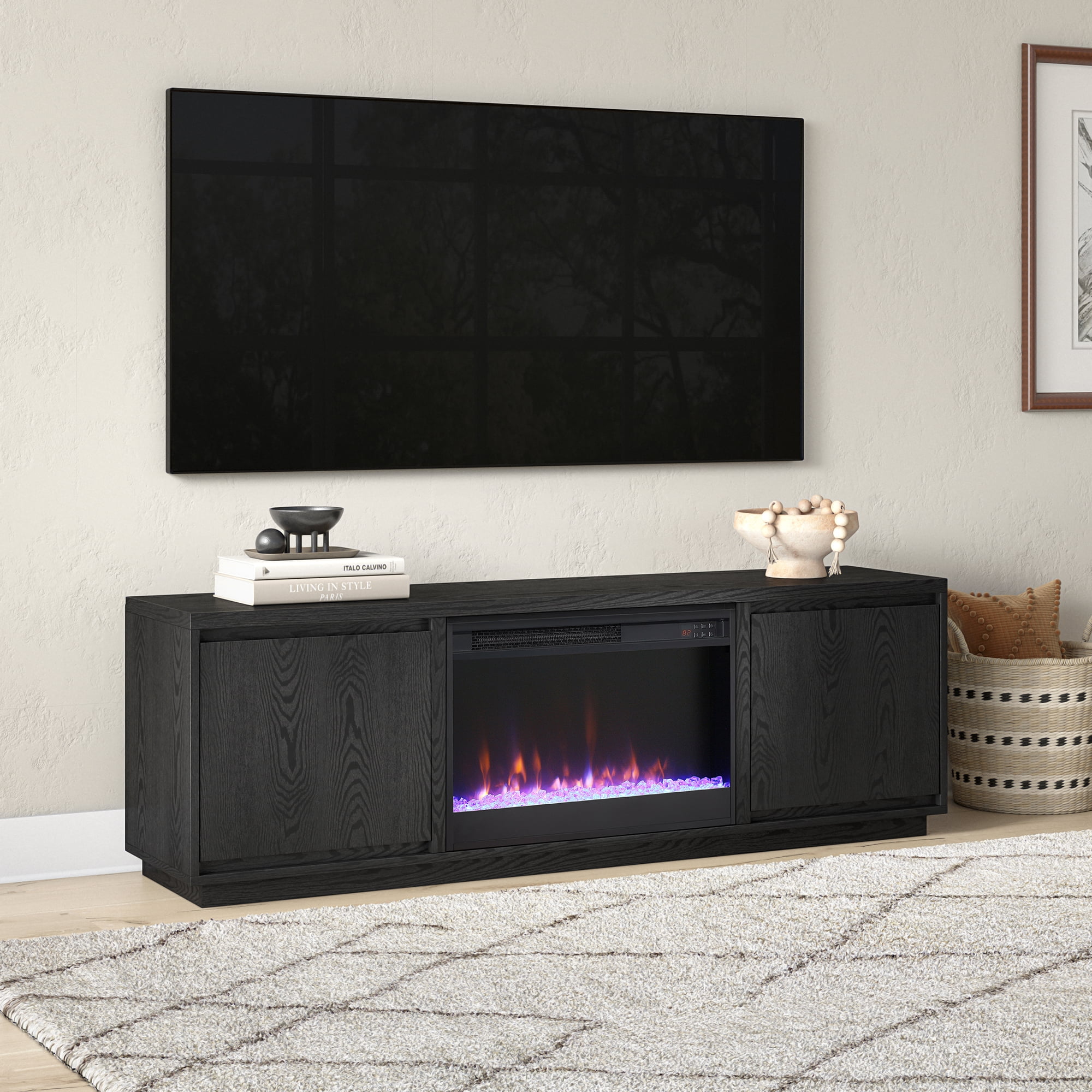 Presque Rectangular TV Stand with 26" Crystal Fireplace for TV's up to 75" in Black Grain