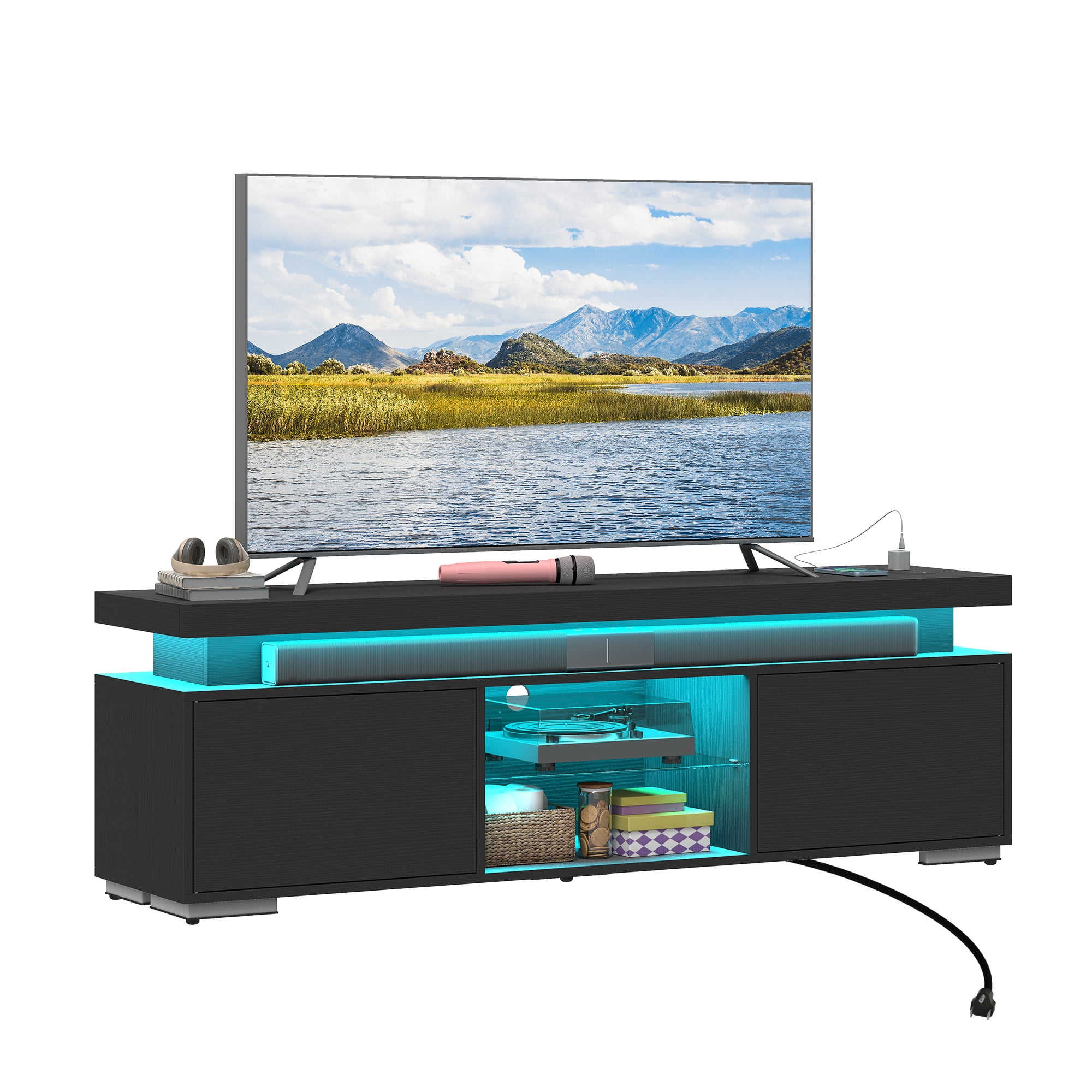 Uforic TV Stand for 65 inch TV with LED Light, Modern Entertainment Center TV Console Media Cabinet, Black