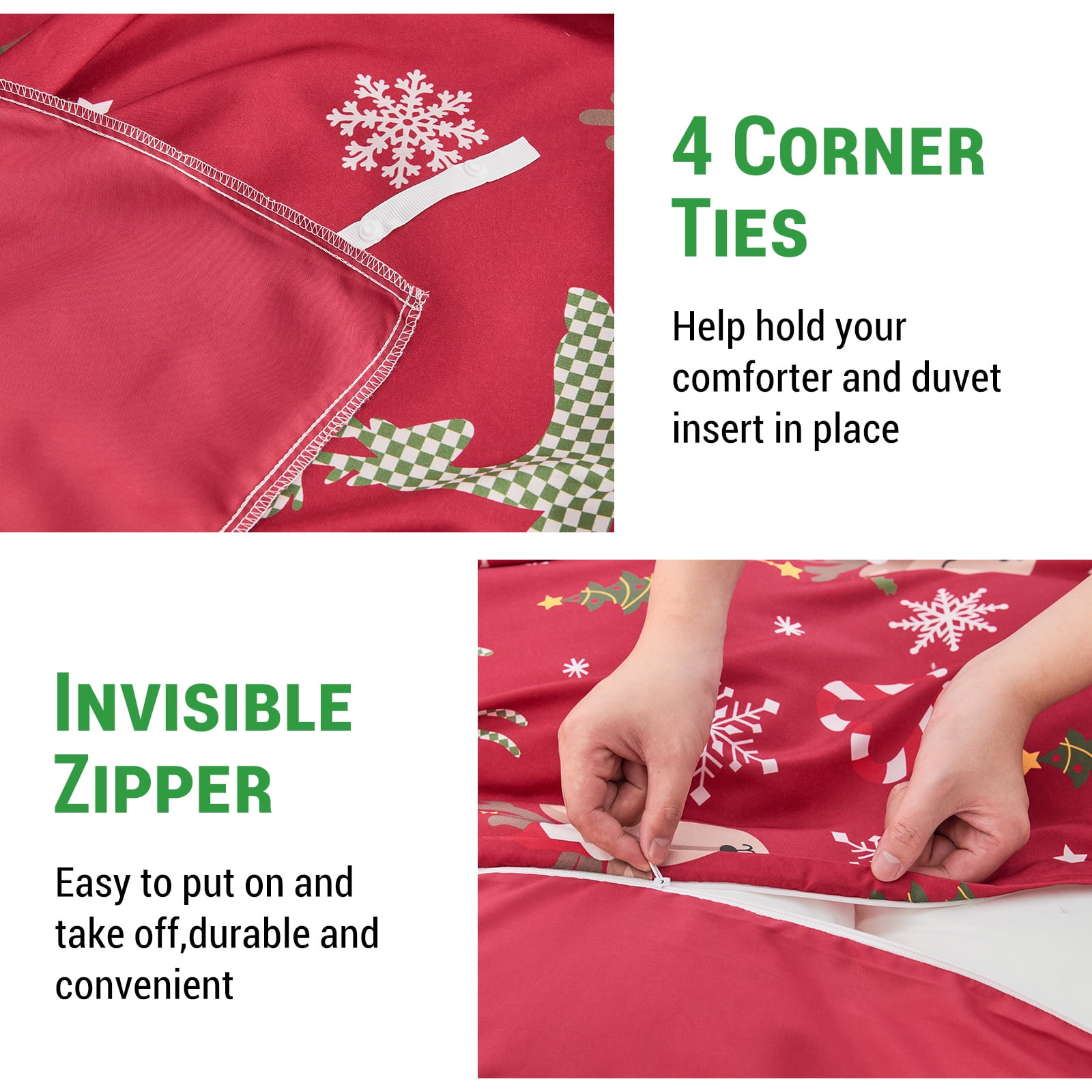Gogreen Queen Duvet Cover Floral, Soft & Breathable Microfiber 3 Pieces Queen Bedding Sets, Pattern Queen Comfy Duvet Cover, with Zipper Closure (Christmas Elk, Queen)