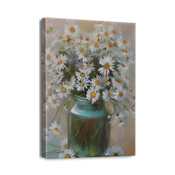 Charming White Daisy Theme: Modern Canvas Wall Art, Ready to Hang - Perfect for Kitchen or Bedroom Décor, Size 12x16.