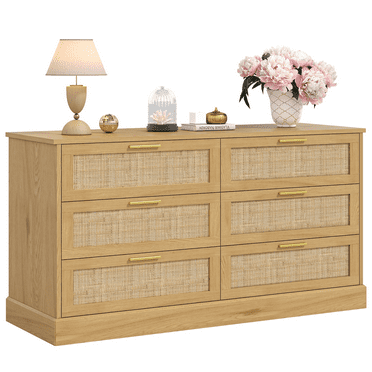 TVU Rattan Double Dressers for Bedroom, 6 Drawer Dresser with Large Storage, Wood Storage Chest of Drawers with Deep Drawers for Living Room, Hallway