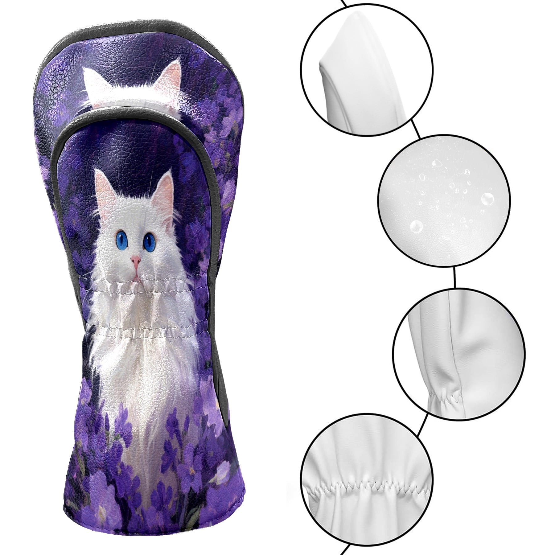Golf Head Covers Purple Cat Design for Driver, Wood & Hybrid, Premium Waterproof PU Leather with Plush Lining, Mystical Animal Golf Gifts