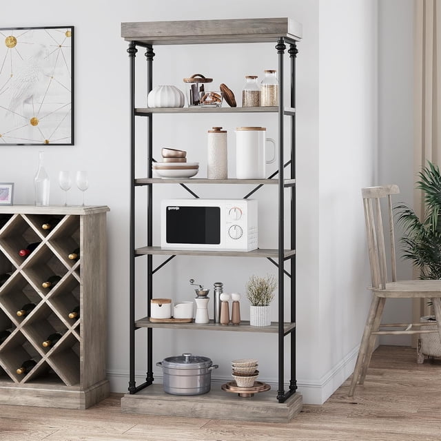 Qinaqin 74-Inch Industrial 6-Tier Book Rack con Metálico Frame y de Profundidad Madera Shelves Ideal Organizador Almacenamiento para Hogar Oficina Living Sala o Kitchen (Gray)
