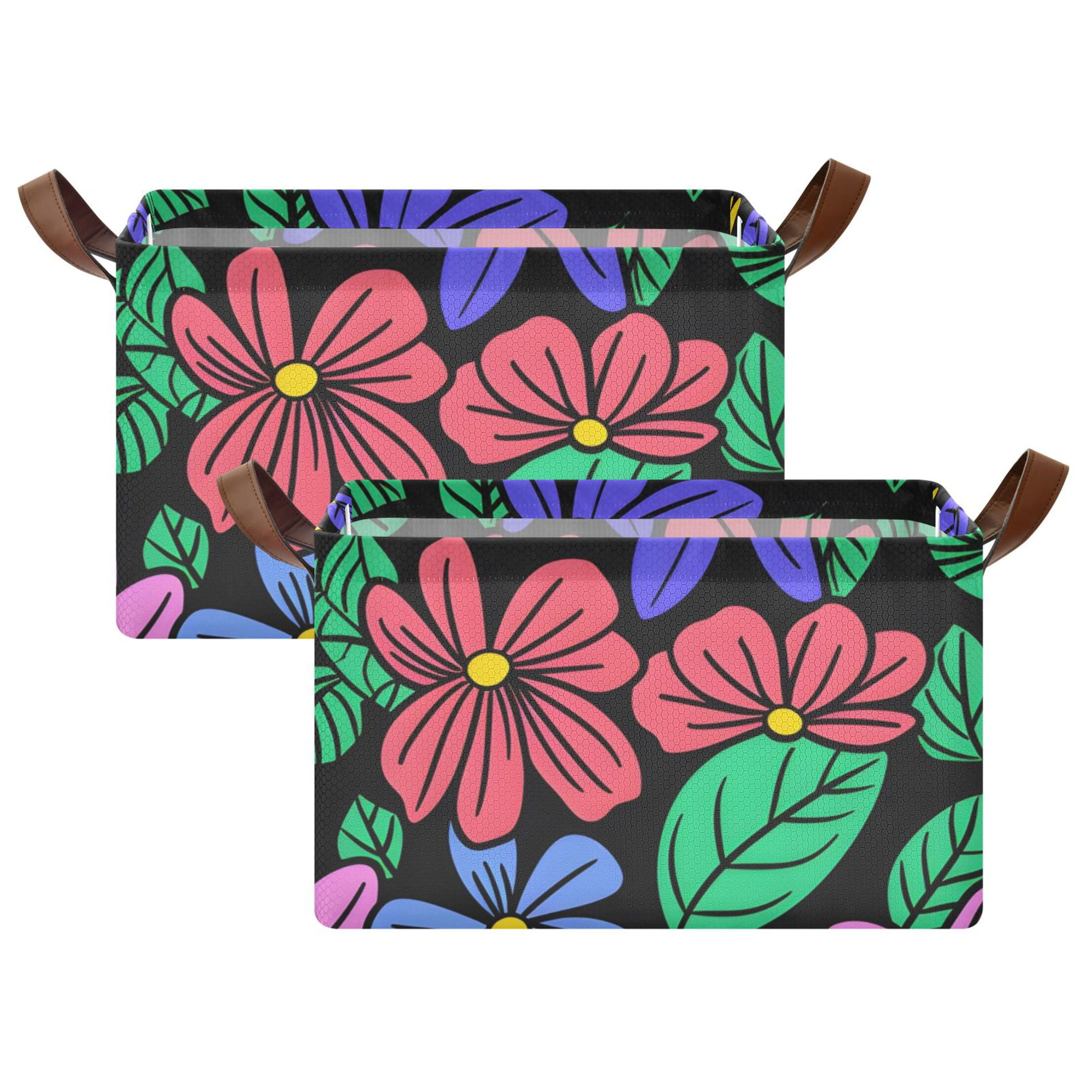 Flowers and Leaves Black Foldable Storage Large Fabric Storage Baskets Organizer Storage Bins with Handles for Shelves