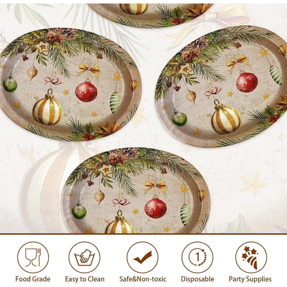 YUYAN-50Pcs Christmas Oval Paper Plates 10" x 12" Large Disposable Heavy Duty Colorful Balls Pine Cone Platters Vintage Xmas Balls Dessert Plates for Merry Christmas Holiday Winter Party Decorations