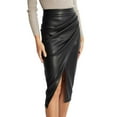 thumbnail image 5 of Womens Faux Leather Midi Skirt High Waisted Wrap Ruched Front Slit Bodycon Skirts (Black XL), 5 of 5