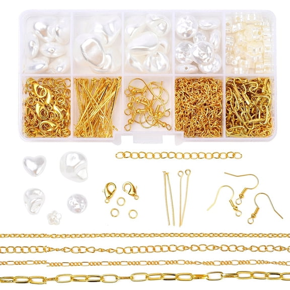 1box Jewelry set Making Kits Including Nuggets & Flat Round & Heart & Flower ABS Plastic Imitation Pearl Beads Alloy Clasps Iron Clasps & Pin & Earring Hooks & Chains White Beads: 46pcs/box