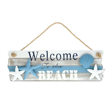 CoTa Global Aqua Sky Welcome to the Beach Nautical Decor Sign - Nautical Themed Wood Sign, Beach Decor for Wall, Novelty White and Blue Starfish and Seashell Wooden Figure, Coastal Wall Decor Sign
