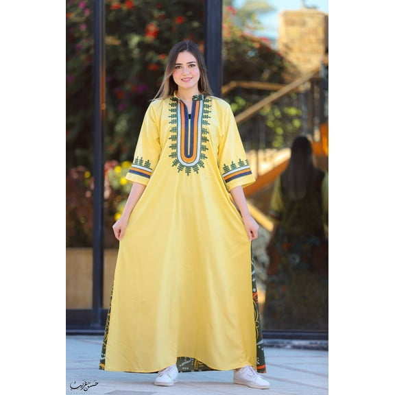 Yellow Egyptian Caftan, arabic pattern Elegant evening, maxi dress Comfort dress Materials: Egyptian cotton, Size: M, Color: Yellow