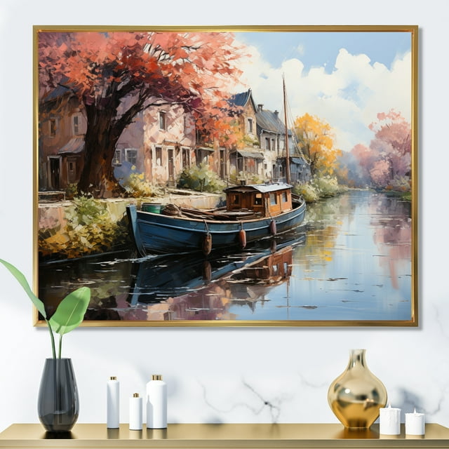 Designart Canaux Art Mural Encadré, Peinture de Voies Navigables Rouges, Canaux Art Mural Encadré Déco, Art Mural Encadré Traditionnel Rouge et Or, Cadre Or 32x16 Pouces