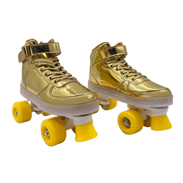 Patines 4 ruedas para niños y niñas, fabricado con vinipiel, luces y llantas de PVC dorado 23.5