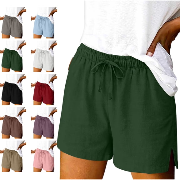 NSLGXD Women's Cotton Linen Blend Shorts Drawstring Elastic Waist Casual Shorts 5 Inch Split Hem Summer Shorts with Pockets S-2XL Army Green Shorts