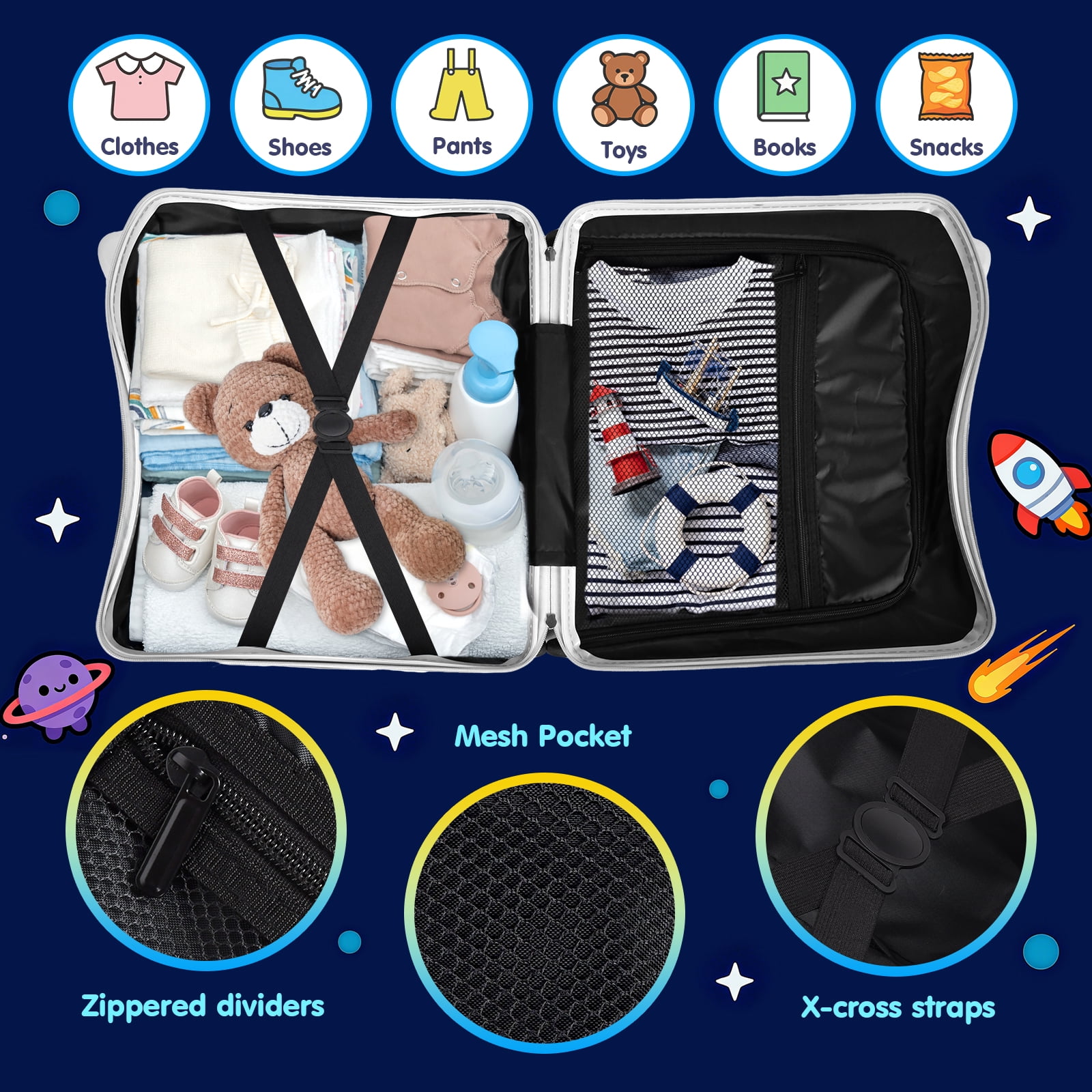 Advwin 20" Ride On Suitcase for Kids, Fun DIY Coloring Carry-On Luggage with 24 Waterproof Markers, Pull Strap & Spinner Wheels, Hardshell Rideable Travel Luggage for Children, White
