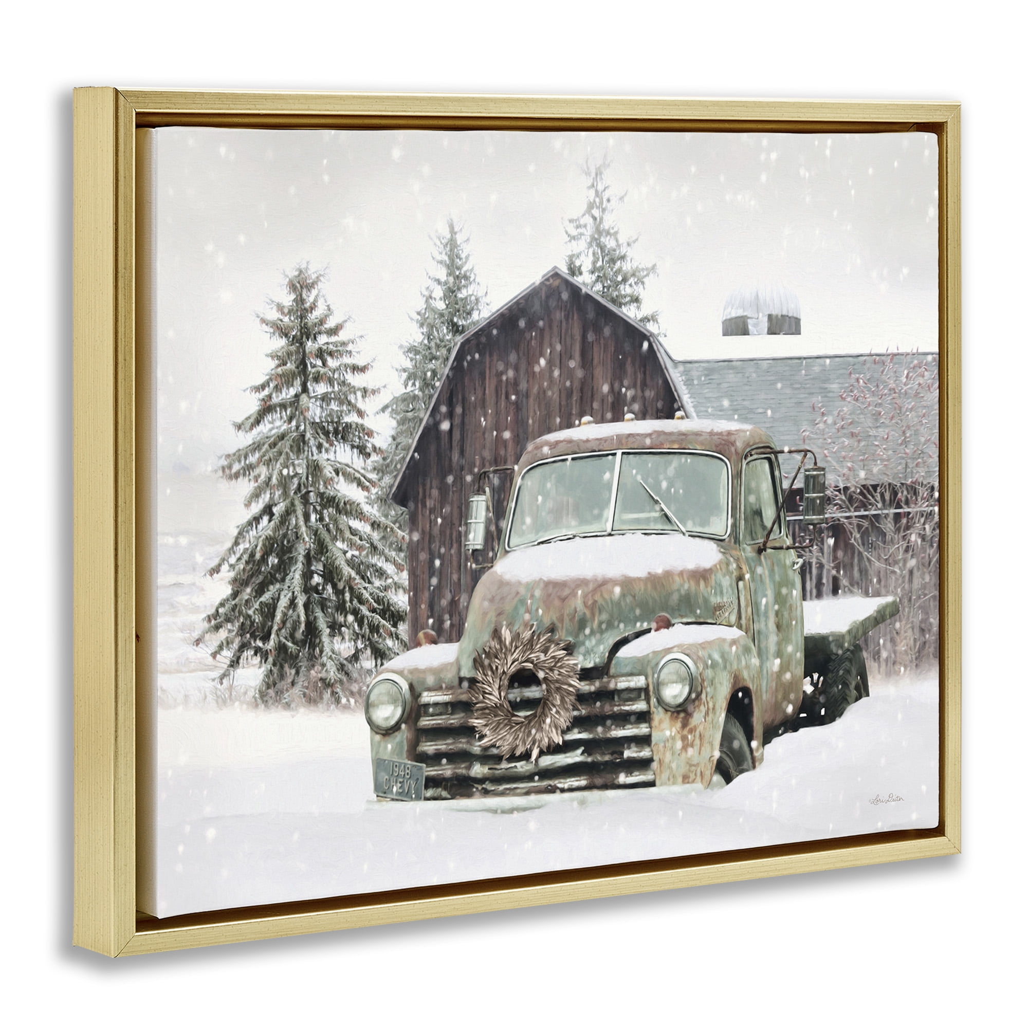 Stupell Industries Winter Rural Vintage Truck & Barn Transportation Painting Gold Floater Framed Canvas Art Print Wall Art, 31 x 25