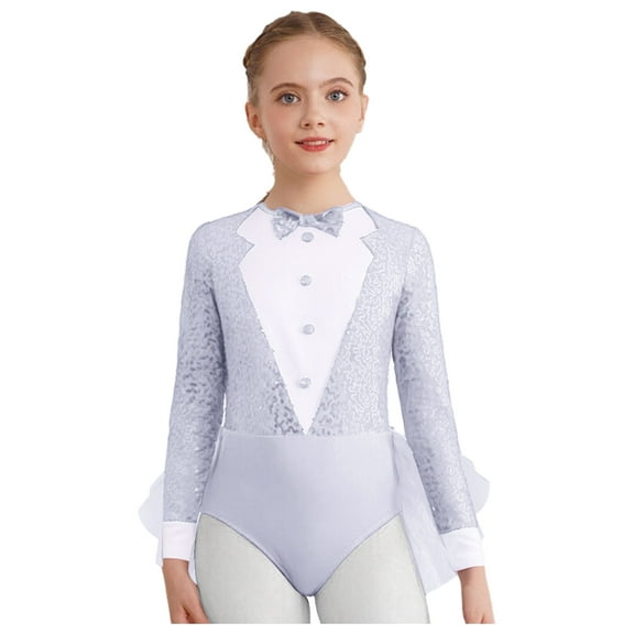 Mufeng Kids Girls Sequins Long Sleeve Color Block Bodice Tulle Skirted Leotard Hip Hop Latin Jazz White 12