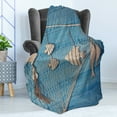 thumbnail image 4 of Marine Soft Flannel Fleece Throw Blanket, Nautical Themed Photo of Fishing Net and Hanged Wododen Handcraft Fish, Cozy Plush for Indoor and Outdoor Use, 50" x 70", Beige Sky Blue, by Ambesonne, 4 of 5