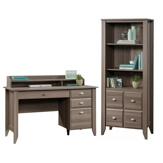 Shoal Creek 2 Piece Computer Desk And 3 Shelf Door Bookcase Set In Ash Gray