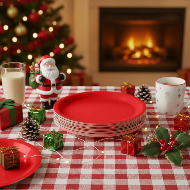 Iumwxz Assiettes en Papier Rouges pour Fêtes, Lot de 10, Assiettes Jetables pour le Souper avec Motifs Festifs de Flocons de Neige et de Père Noël, Vaisselle Carrée de 7 Pouces pour Célébrations et Rassemblements