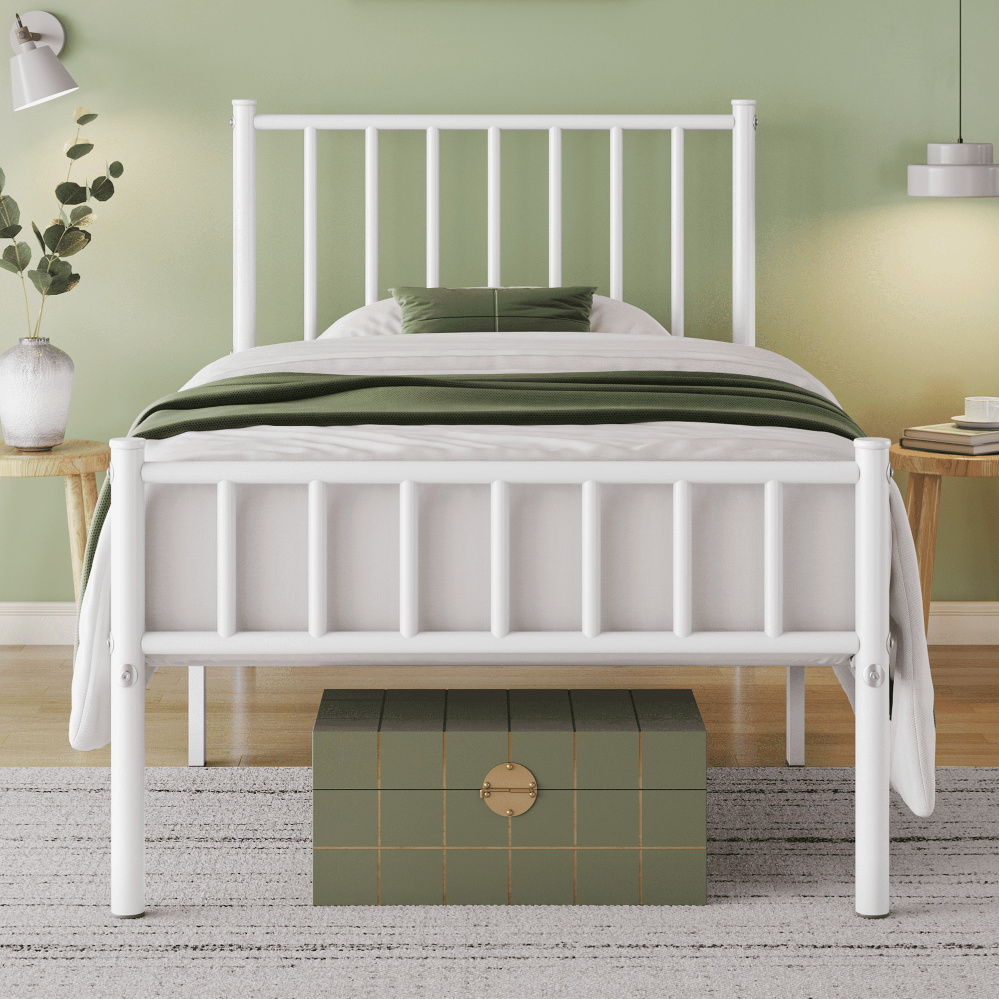 Renwick Twin Size Metal Platform Bed with Headboard, White