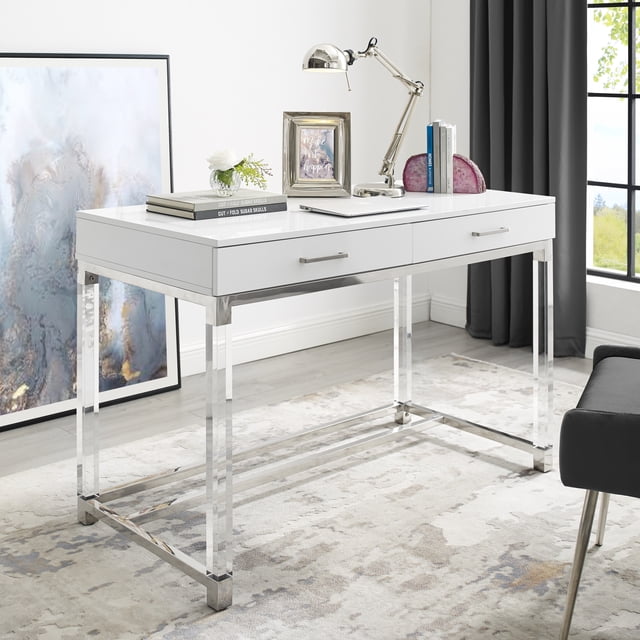 Maximo White Chrome Writing Desk - High Gloss Finish, Acrylic Leg, Stainless Steel Base, 2 Drawers
