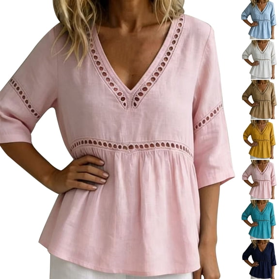 Women's V Neck T Shirts 3/4 Sleeve Blouse Summer Tops Dressy Casual Loose Fit Basic Tees by Yigetop Khaki L