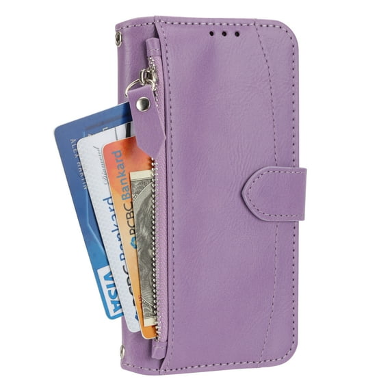 TECH CIRCLE for iPhone 14 Case with Luxury Magnetic Closure Shockproof PU Leather Zipper Flip Stand Wallet Card with Detachable Wrist Strap Full Body Protection Cover.For iPhone 14,Purple